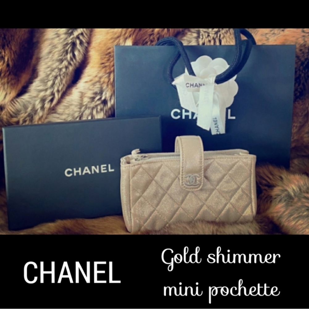 CHANEL shimmer gold mini pochette clutch bag wristlet - Picture 1 of 9